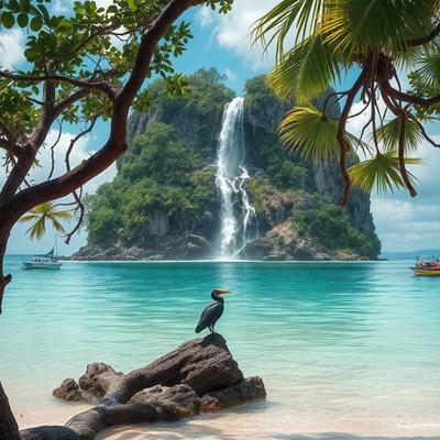 The primary subject of the image is a bird perched on a rock in the ocean. The bird is standing on a large rock, which is located in the middle of the ocean. The setting is a beautiful blue ocean with a waterfall in the background. The visual style of the image is a photo, capturing the bird and its surroundings in a natural environment. The colors and mood of the image are vibrant and serene, with the blue ocean and the bird's presence creating a sense of tranquility and